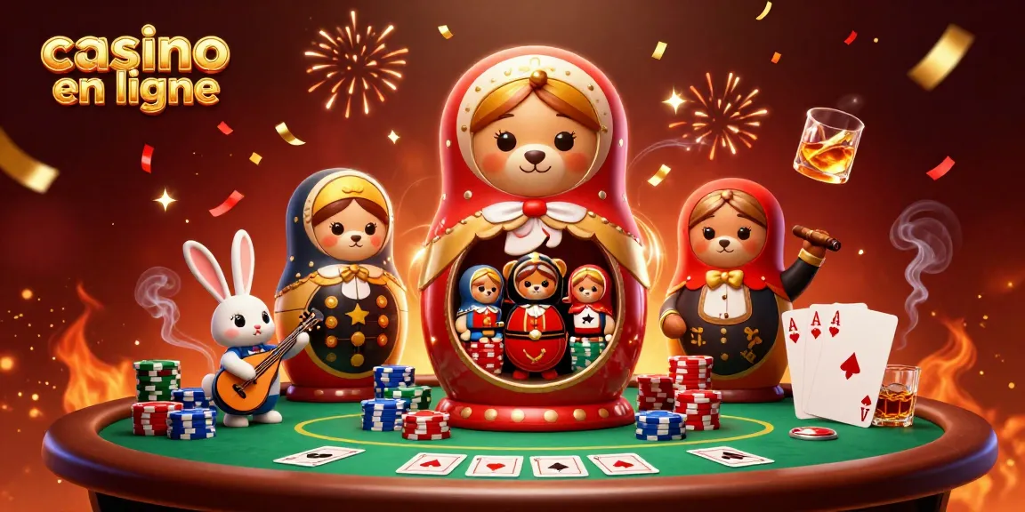 Jouer au casino en ligne avec des ours Matriochka en tenue de croupier entourés de cartes et de jetons.