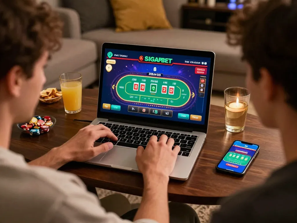 Engaged player enjoying SIGAPBET live dealer games on laptop, surrounded by snacks and drinks.