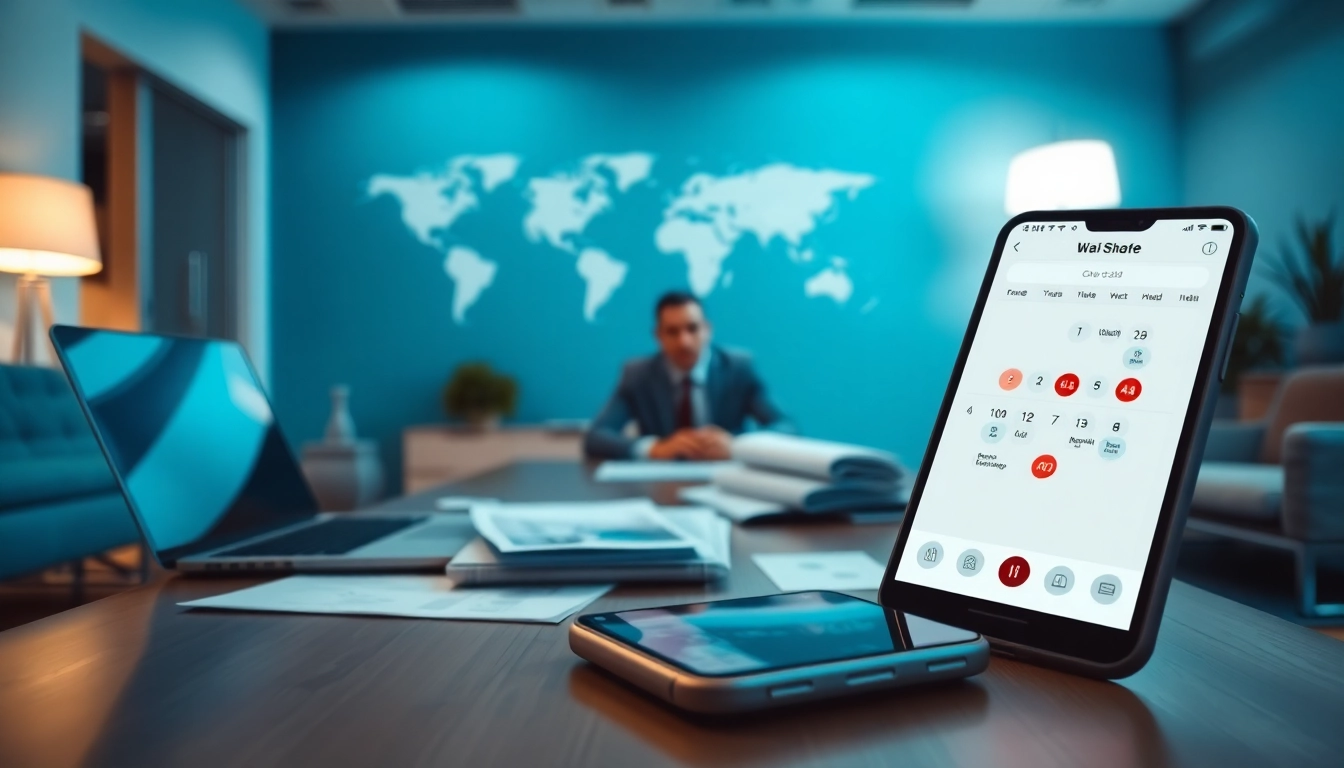 Preparing for 출장 in a modern office with travel documents and technology.