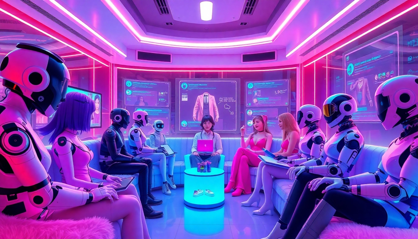 Experience the best nsfw ai chatbots in a vibrant virtual room filled with diverse characters interacting playfully.