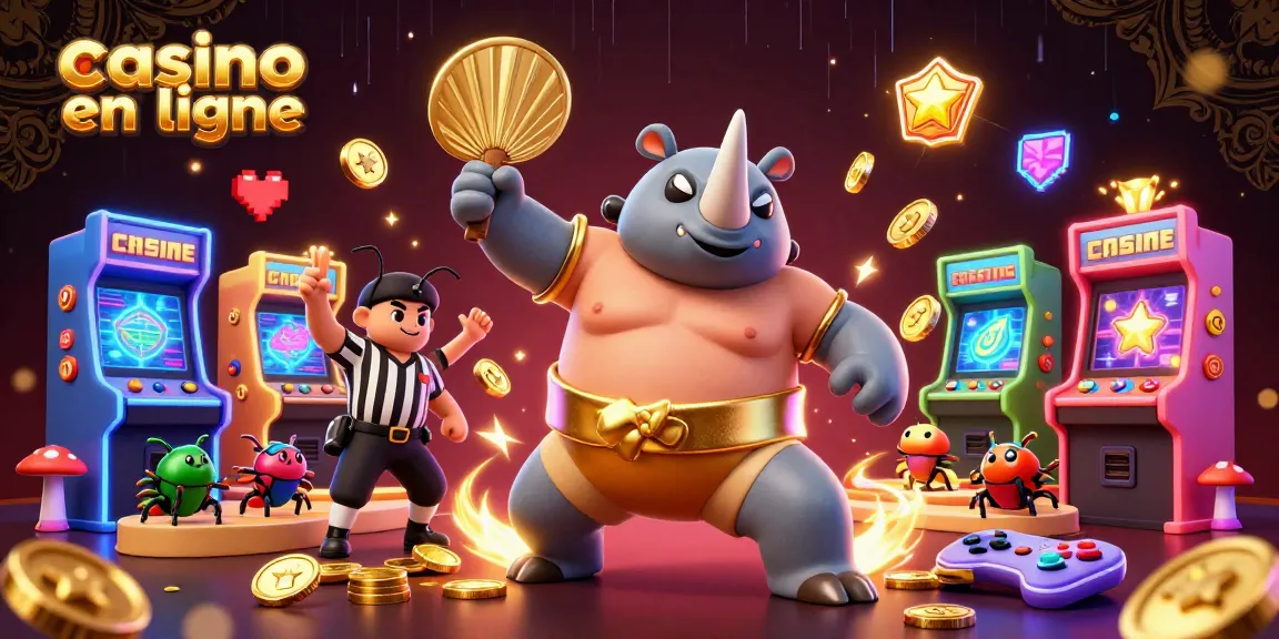 Jouer dans un casino en ligne avec un scarabée rhinocéros champion de sumo, envoyant des pièces d'or.