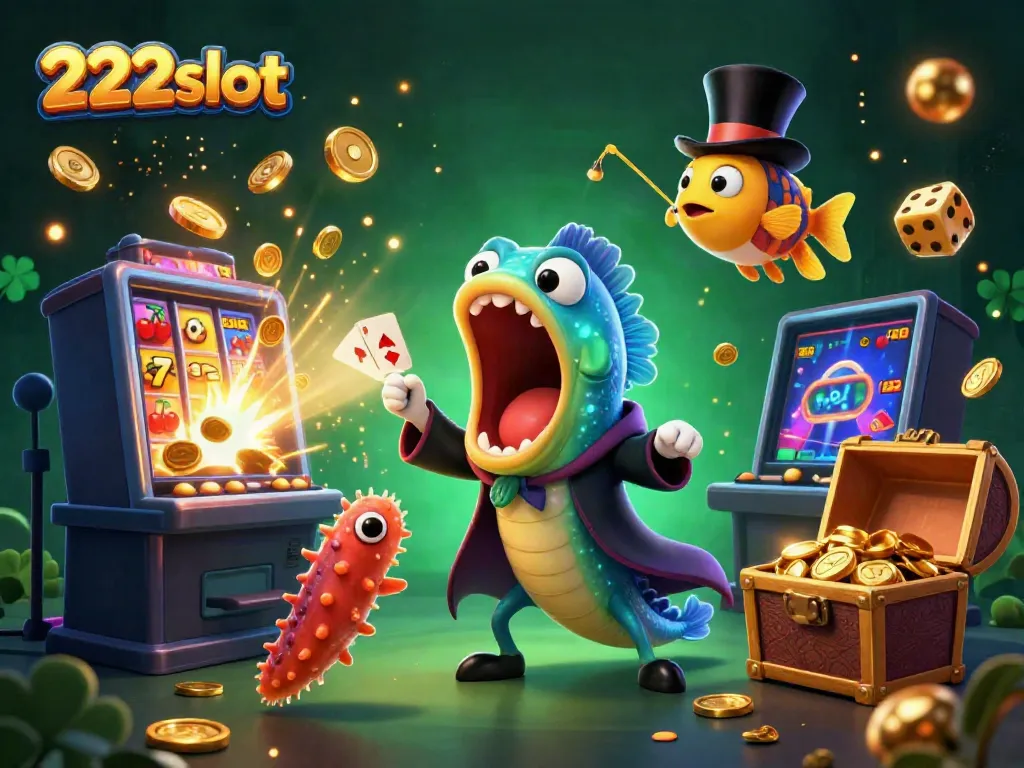 Ilustrasi 3D kasino dengan 222slot, ikan gulper, dan elemen slot penuh keajaiban.