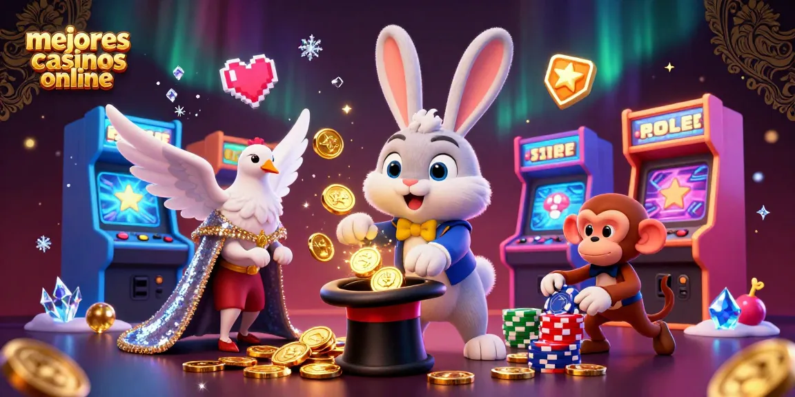 Mejores casinos online: un conejo de mago saca monedas doradas mientras un mono juega con fichas.