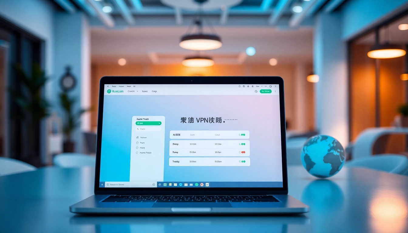 在现代办公环境中，笔记本上显示的快连下载VPN应用界面，展示全球连接性与安全性。
