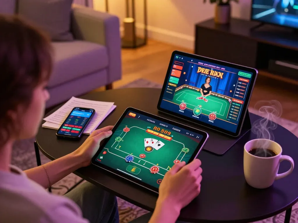 Player enjoying online slots with winning potential on their tablet, showcasing slot gacor saat ini.