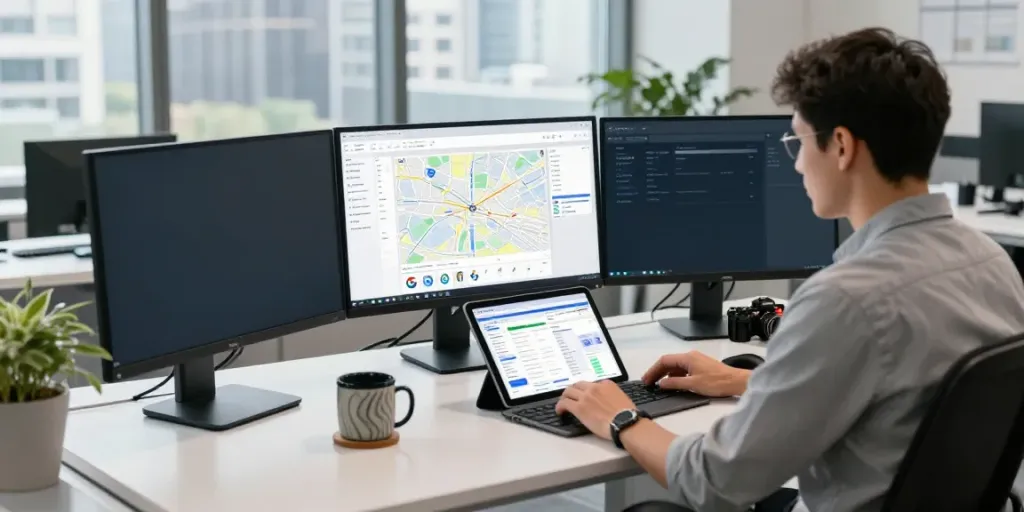 Data analyst using Outscraper in a modern office environment with multiple monitors and city view.
