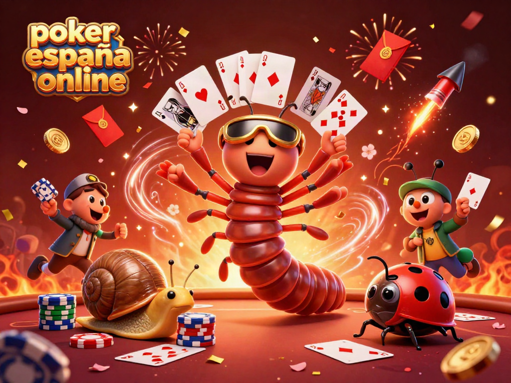 Juega póker España online en una ilustración vibrante con dealer de cartas y confeti dorado.