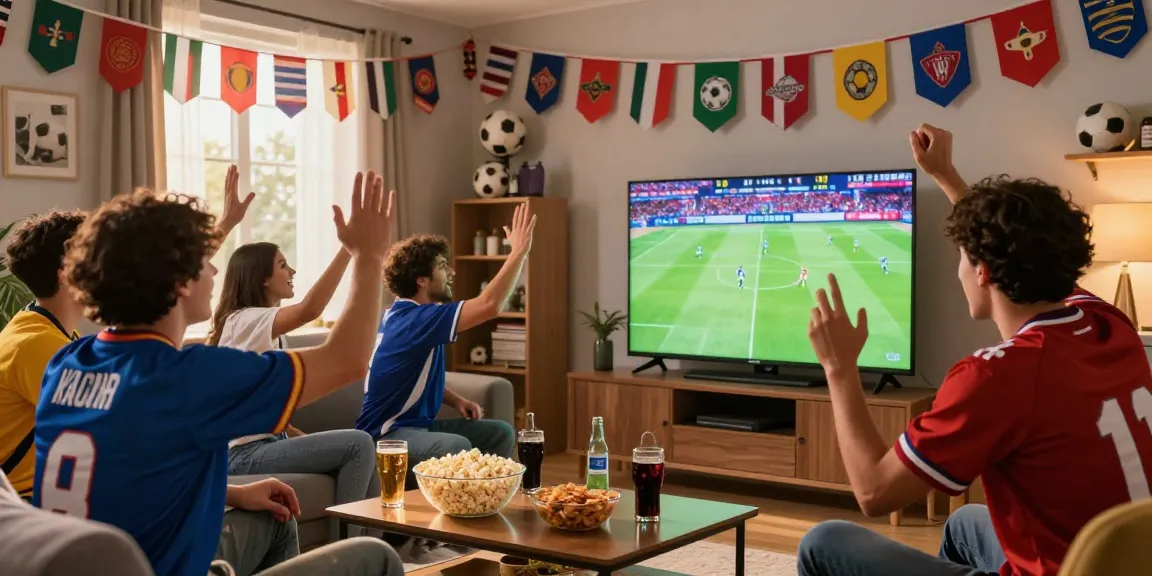 Friends enjoying a live koora match in an exciting living room setting with snacks and team jerseys.