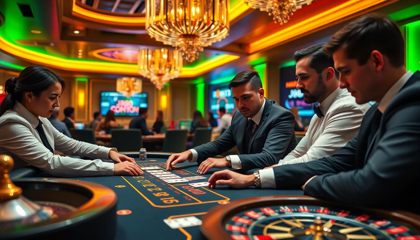Engage in thrilling gameplay at j88 com's luxurious casino, featuring blackjack tables and vibrant poker chips.