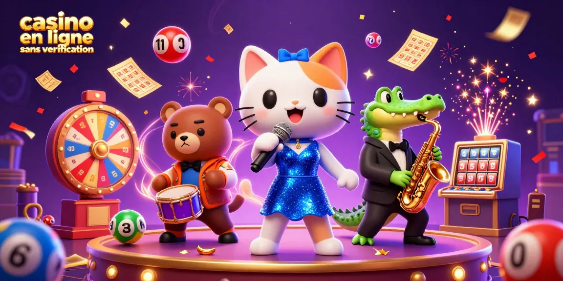 Jouez dans un casino en ligne sans vérification avec une ambiance festive illustrée par un chat chanteur, un crocodile et un ourson.