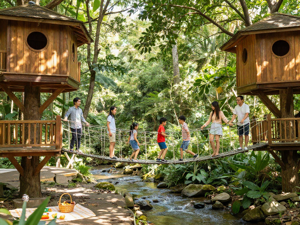 Family enjoying a fun day crossing a rope bridge in a lush forest setting.