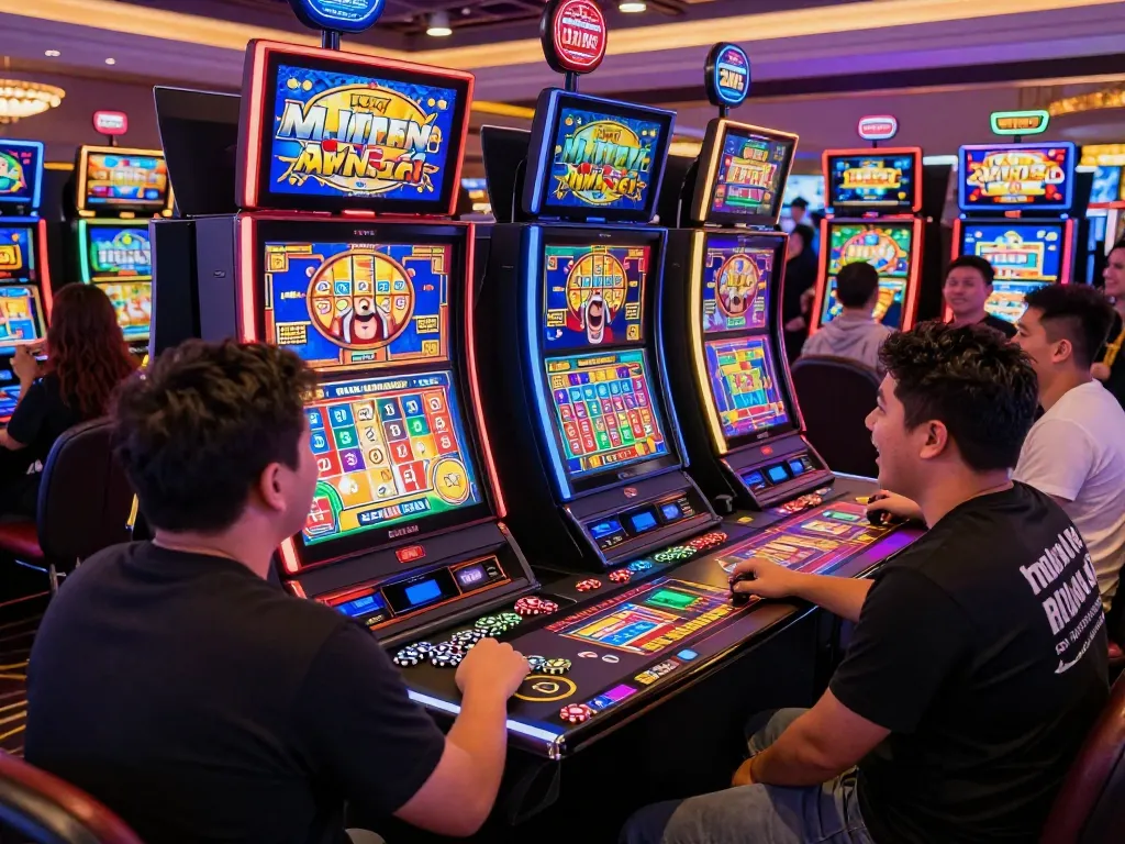 Pemain menikmati mesin link slot yang menarik di suasana kasino yang ramai.