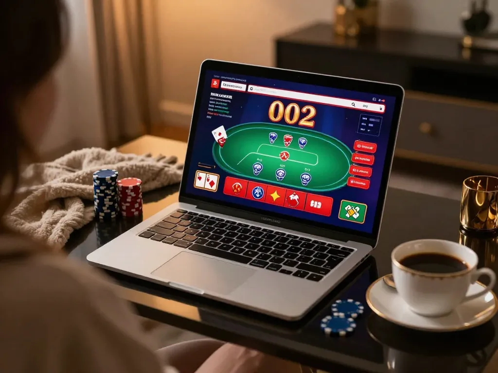 Catching the excitement of playing at casino online stranieri sicuri at home with a laptop showcasing a vibrant poker game.
