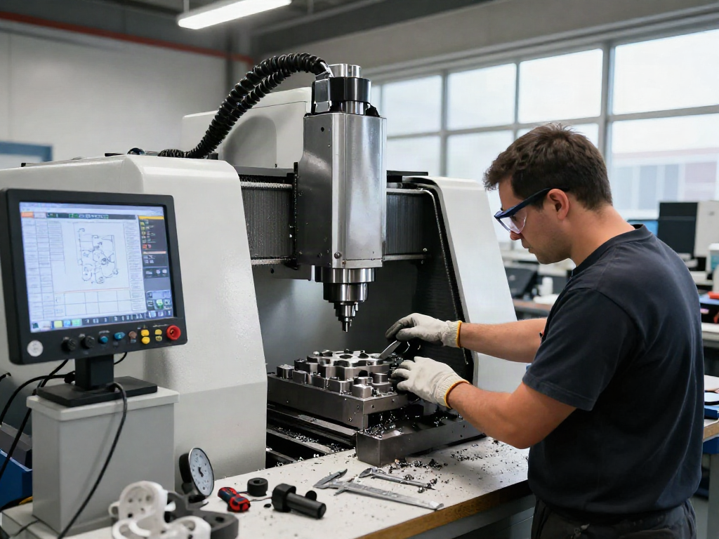 Precision CNC machining supplier in action at a busy workshop, showcasing advanced technology and skilled craftsmanship.