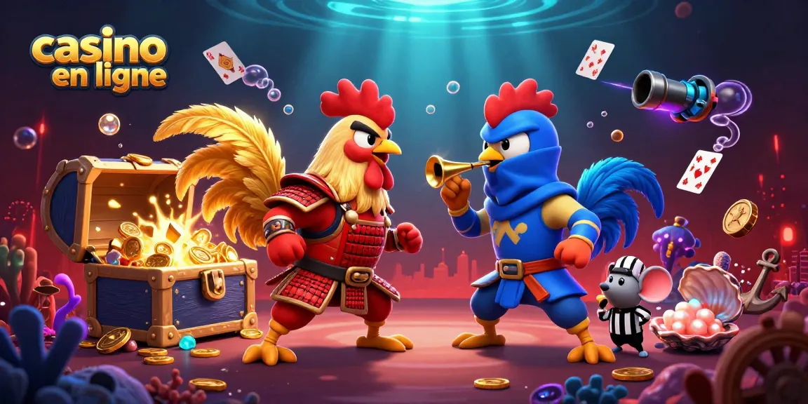 Préparez-vous au duel de casino en ligne avec des coqs combattants en 3D.