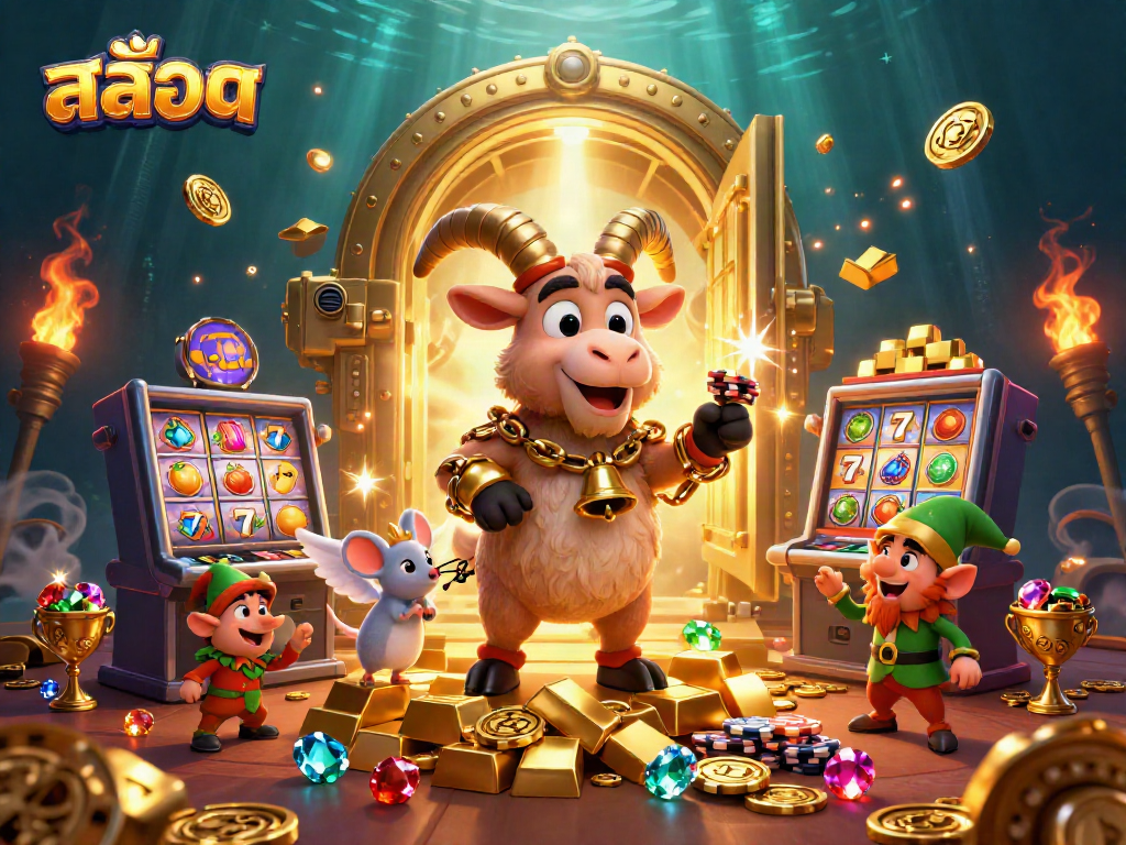 Engage in สล็อต excitement with dynamic 3D casino characters and vibrant symbols amid golden treasure.