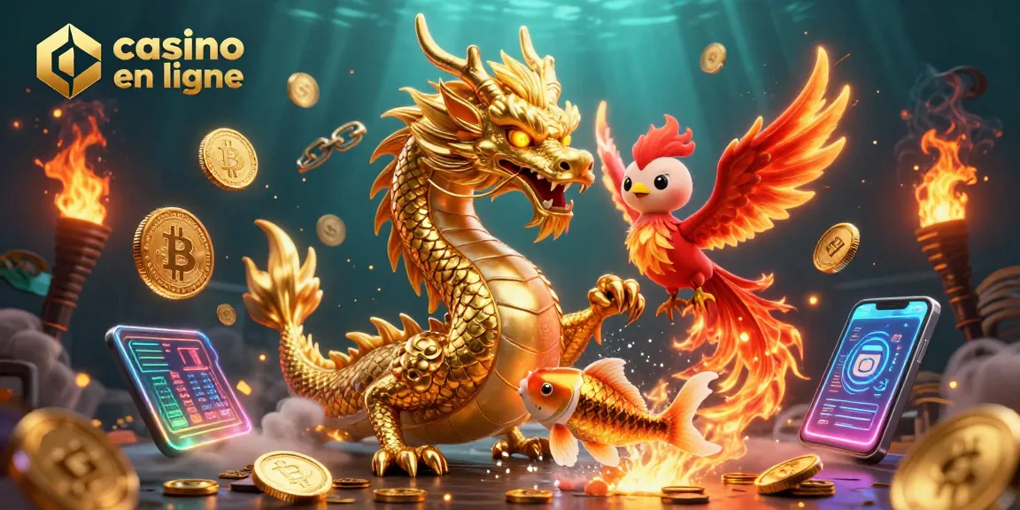 Plongez dans l'univers du casino en ligne avec un dragon chinois doré, un phoenix, et des pièces en crypto.
