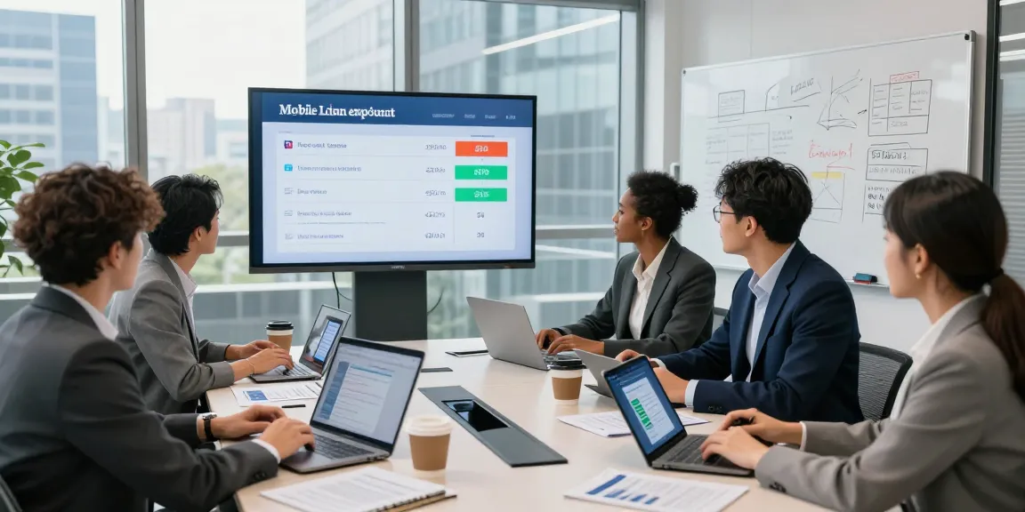 Team comparing business mobile deals UK during a meeting in a modern office
