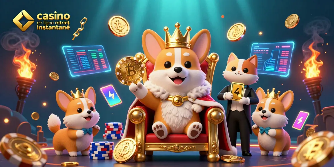 Vivez l'expérience immersive du casino en ligne retrait instantané avec un corgi royal sur un trône de jetons.