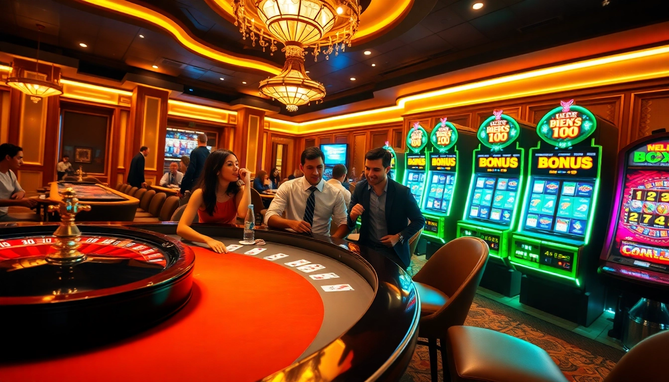 Players enjoying a vibrant MK8 online casino experience with poker chips and roulette wheel.