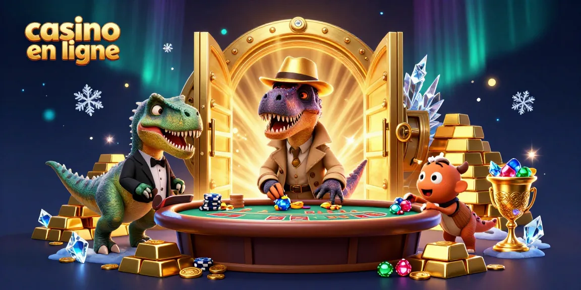 Un velociraptor jouant au blackjack dans un casino en ligne, sur fond de trésor doré.