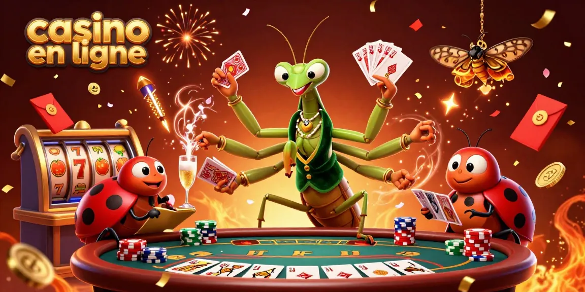 Illustration colorée représentant le casino en ligne avec un mante religieuse, un gérant et des éléments de jeu dynamiques
