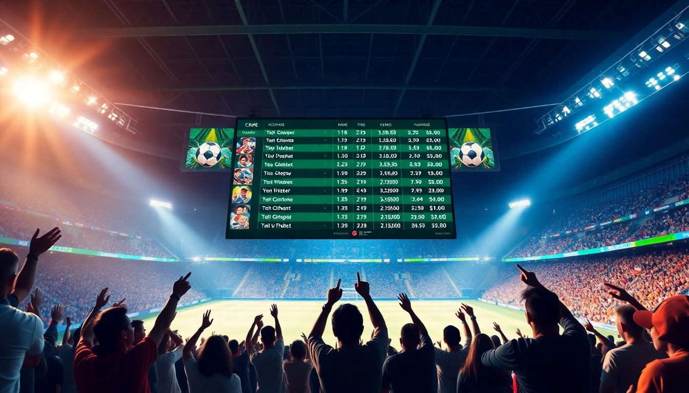 Dynamic football betting scene displaying tỷ lệ kèo odds with fans cheering in a stadium.