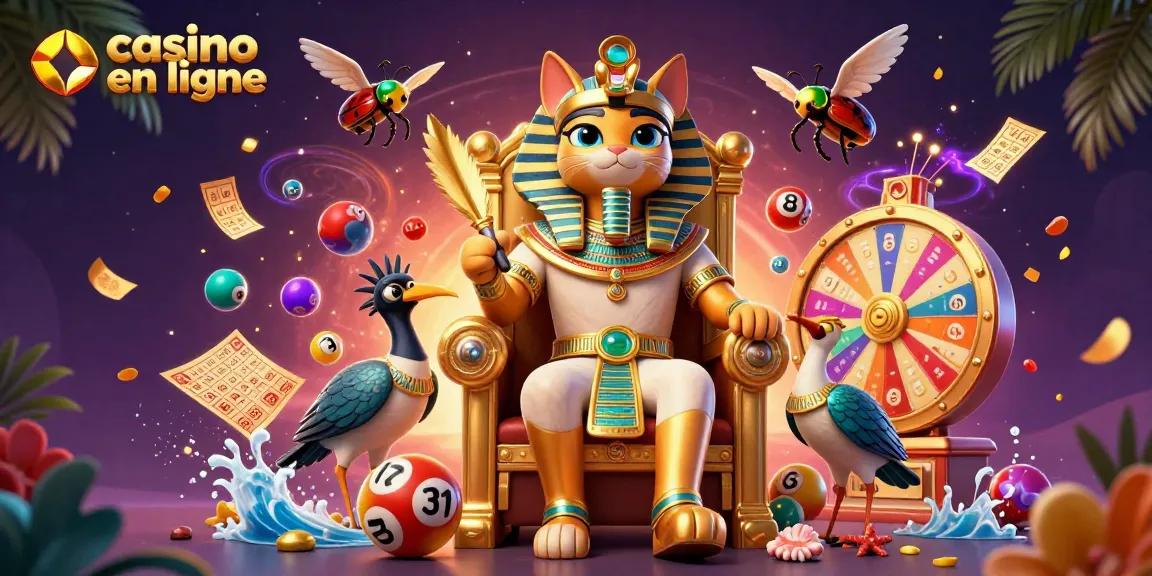 La scène dynamique de casino en ligne avec un chat pharaon égyptien et des éléments de loterie captivants.
