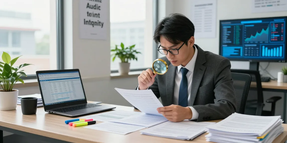Gambar pen auditor forensik di aafikotaserang.org, menganalisis dokumen keuangan di ruangan modern.