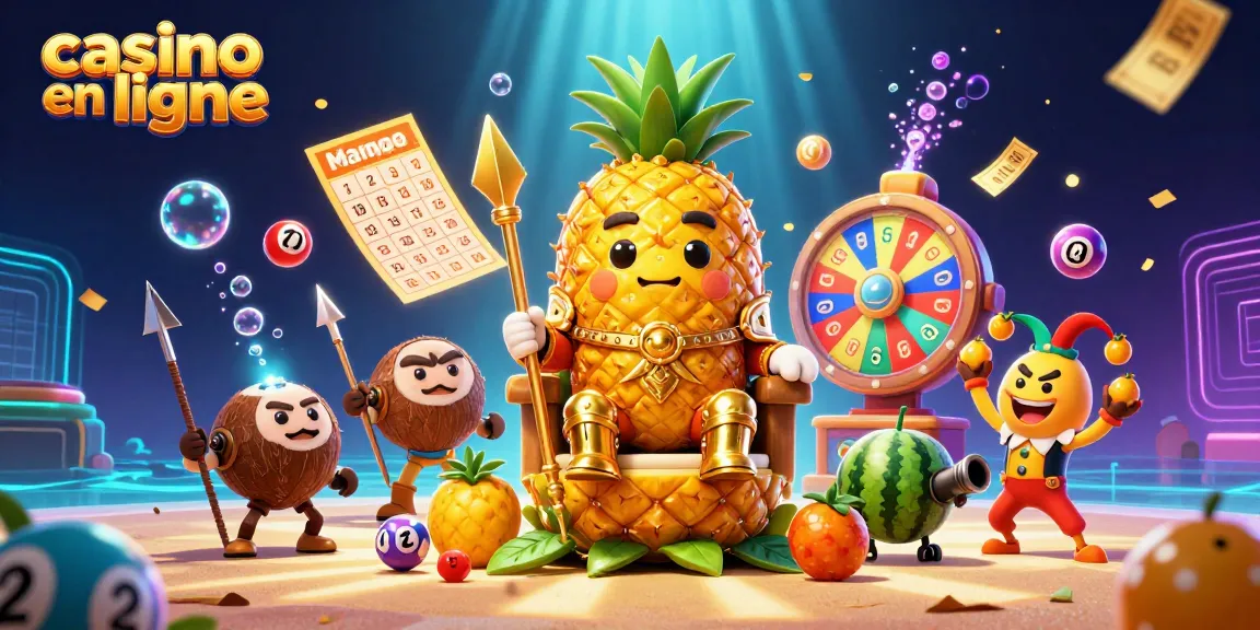 Explorez le royaume du plaisir avec ce roi ananas jouant au casino en ligne et entouré de personnages colorés.