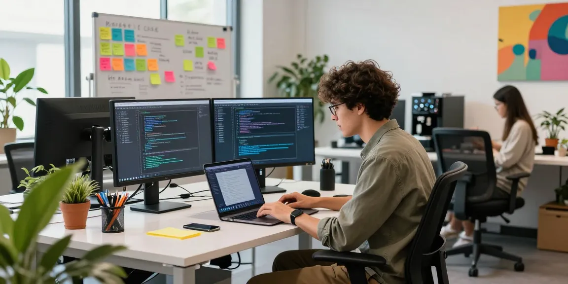 Engaging workspace with developer using spicy ai tools on dual monitors amidst brainstorming notes and vibrant decor.