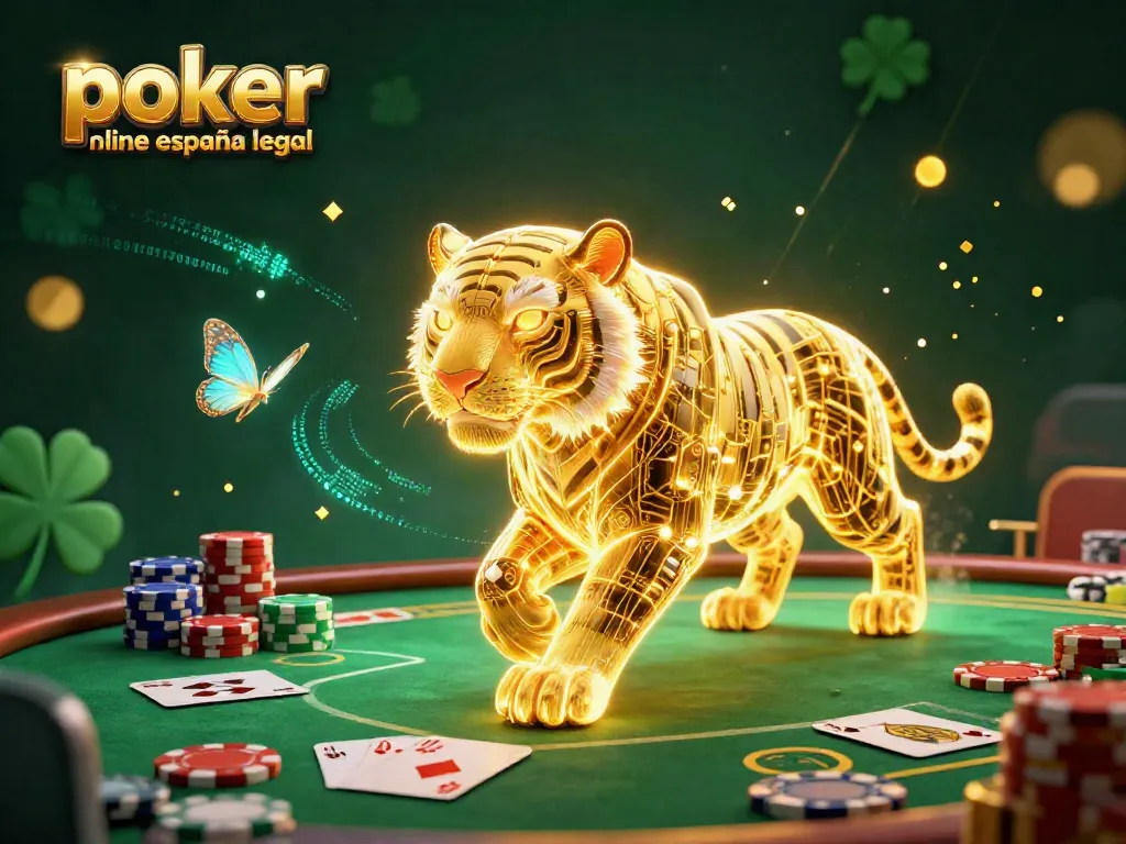 Póker online España legal: Una escena vibrante de juego con un tigre dorado y elementos de póker en un casino digital.