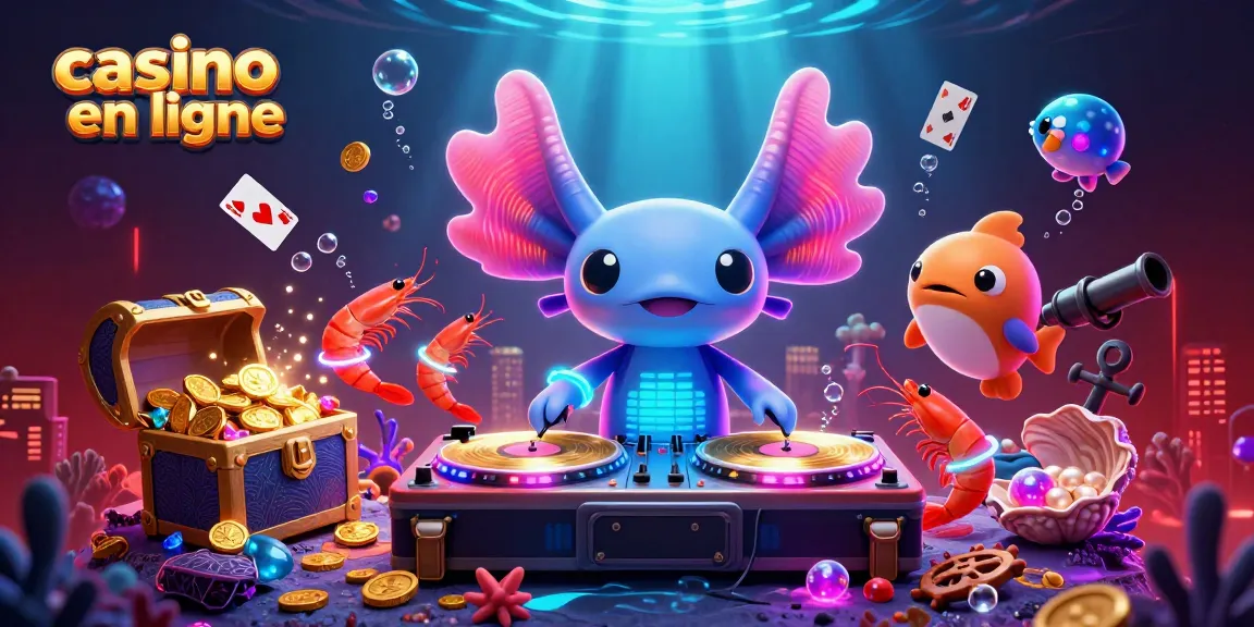 Jouez avec notre illustration animée sur le casino en ligne, avec un DJ axolotl et des créatures marines dansant.