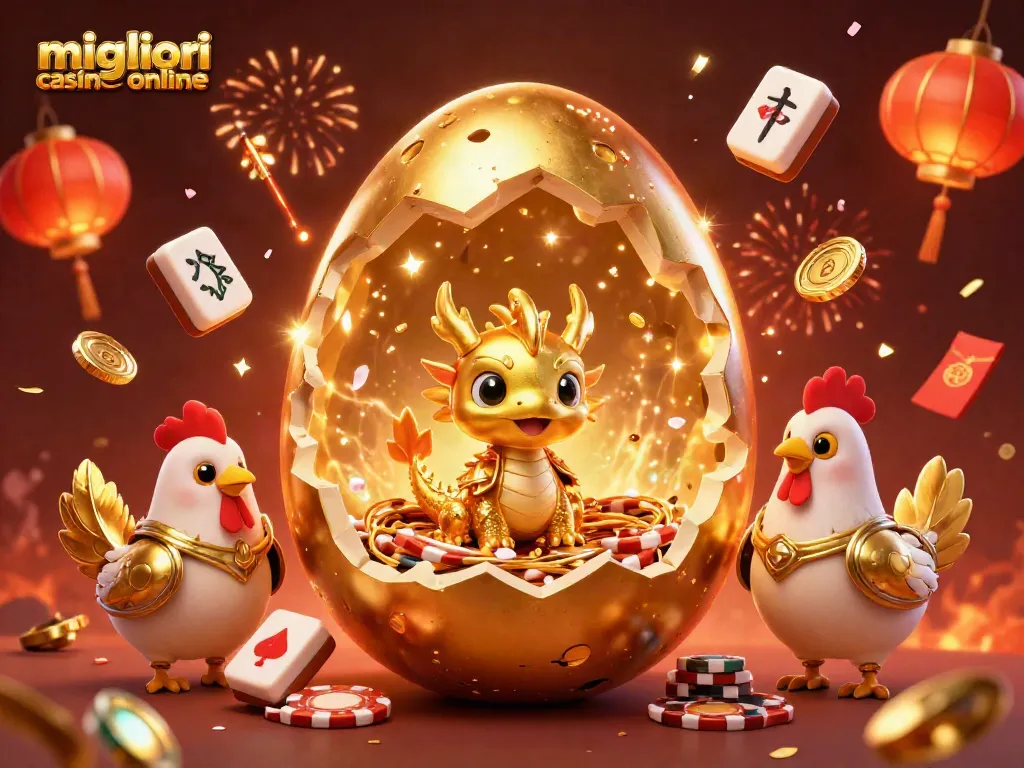 Scopri i migliori casino online con un drago d'oro e gettoni da poker in un'illustrazione vivace.