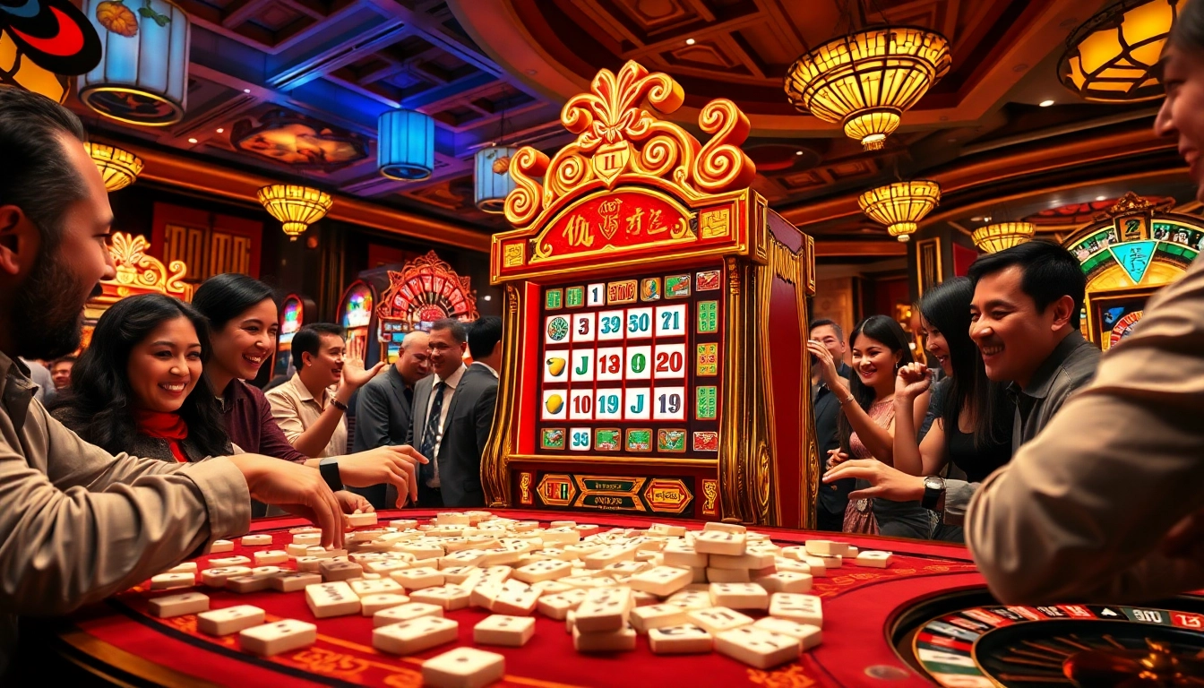 Memainkan slot demo Mahjong di tengah lampu kasino yang berwarna-warni dan para pemain yang antusias.