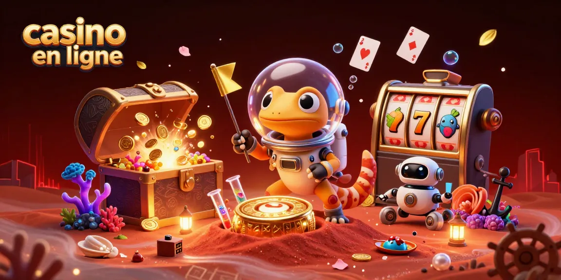 Gagnez au casino en ligne avec une illustration dynamique de gécko martien et machines à sous.