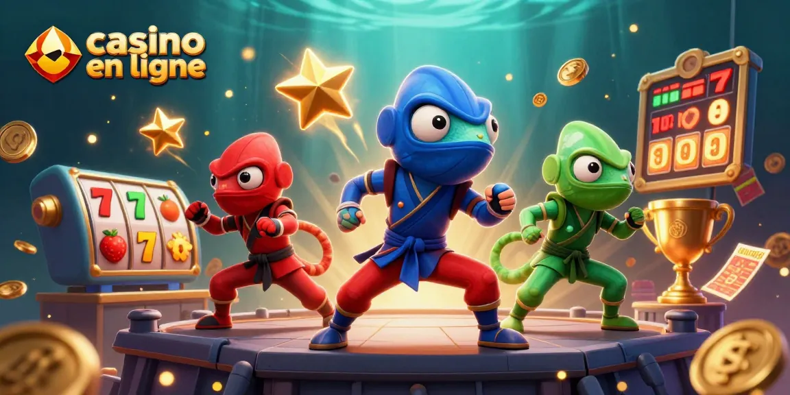 Au casino en ligne, une équipe de caméléons ninjas présente des poses de combat sous un fond vibrant et dynamique.