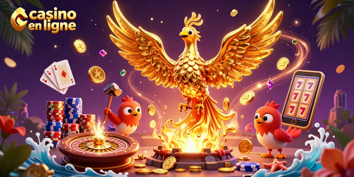 Gagnez aux jeux de casino en ligne grâce à un phoenix d'or et des assistants amusants.