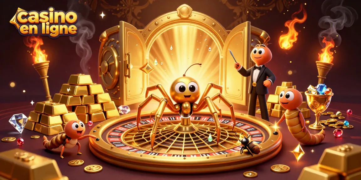 Casino en ligne : une araignée dorée et un croupier mille-pattes dans un univers de jeu captivant.