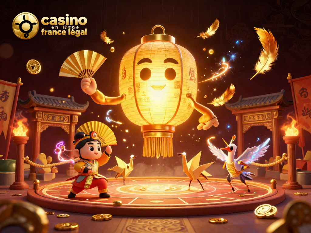 Jouez dans un casino en ligne légal en France entouré de créatures dorées et de symboles porte-bonheur.