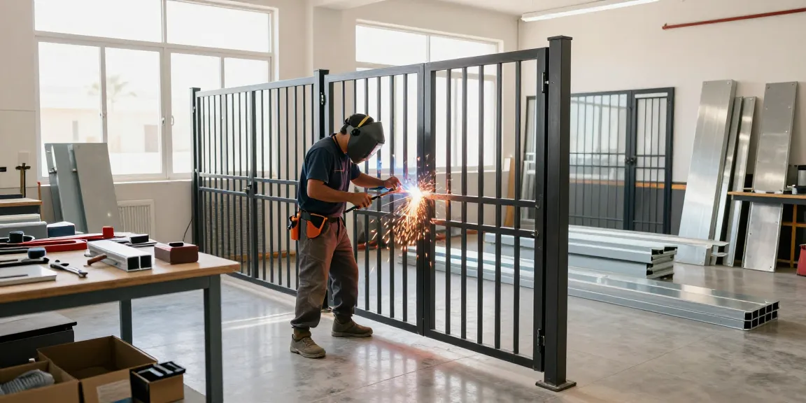Craftsman at Altaherdesign.ae workshop welding a custom metal gate in Fujairah.