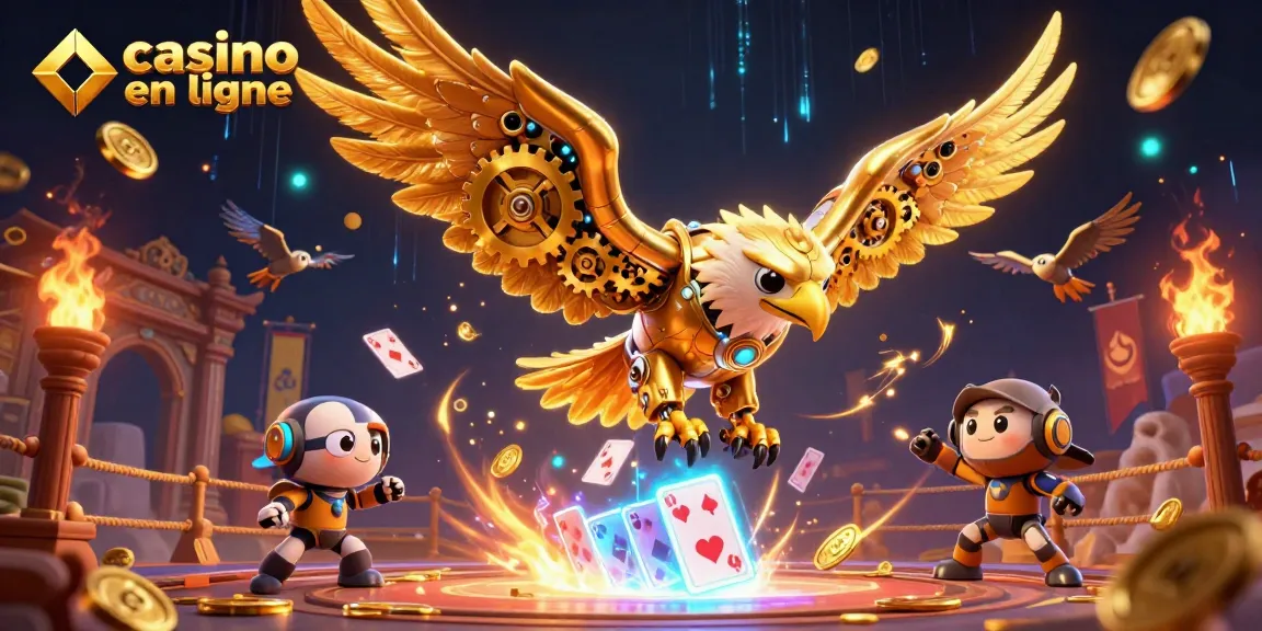 Illustration d'un aigle cybernétique en or dans un casino en ligne, ressentant l'excitation des jeux.