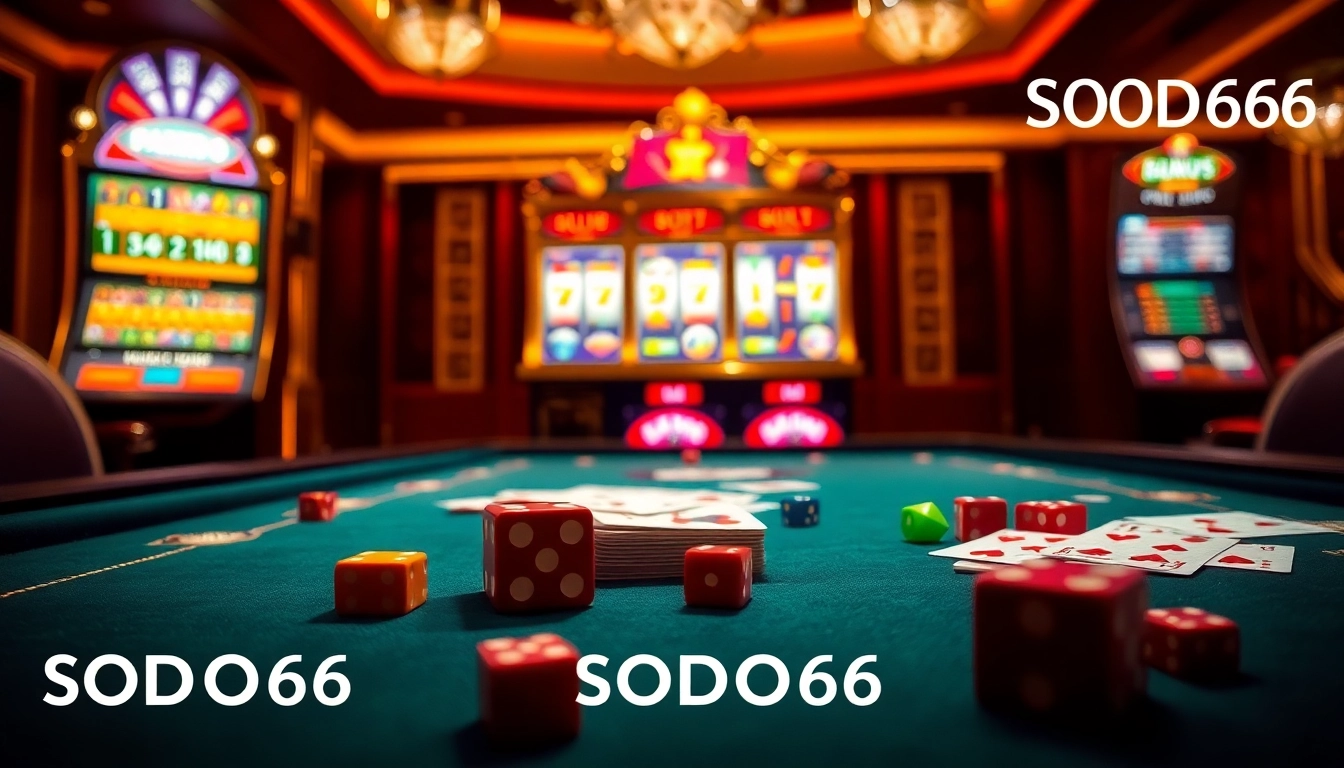 SODO66 gambling scene with vibrant cards and exciting slot machines in a luxurious casino environment.