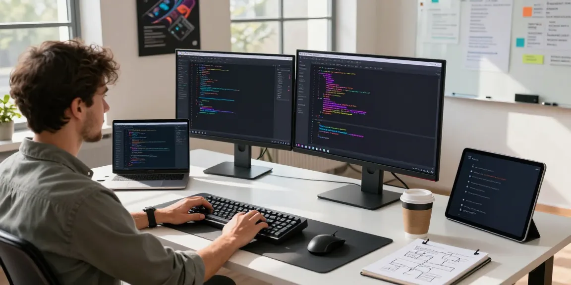 Notepad++ code editing workspace with dual monitors and modern desk setup at https://notepad-app.co/ for developers.