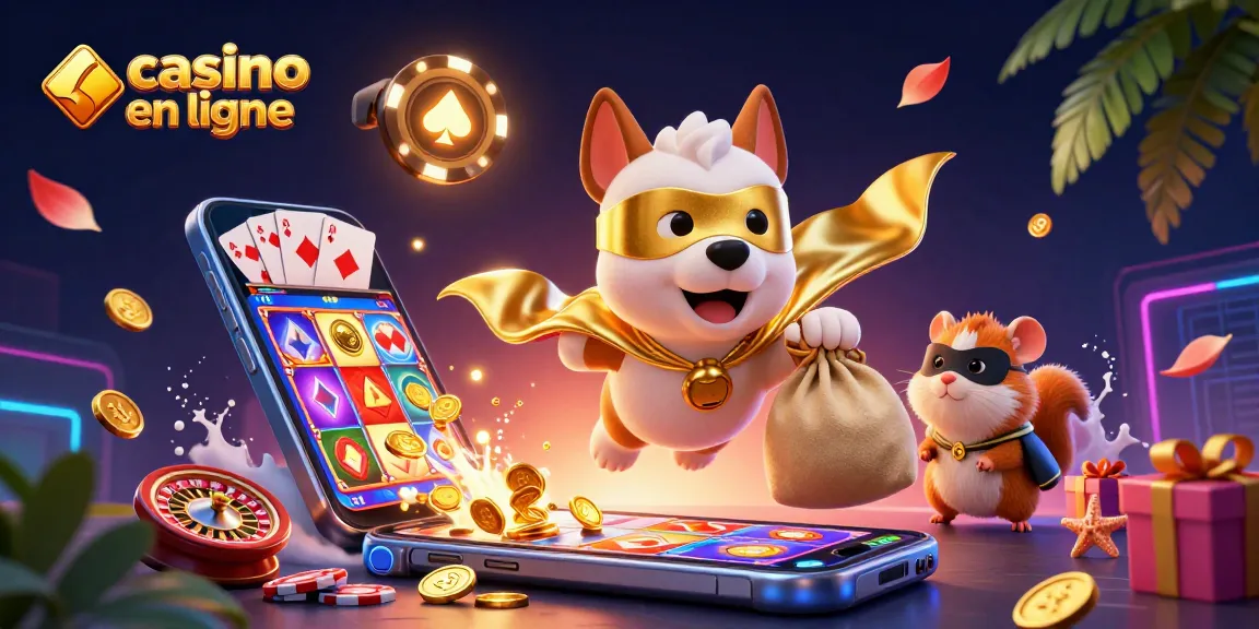 Illustration dynamique représentant un chien super-héros avec cape dorée dans l'univers des casinos en ligne.