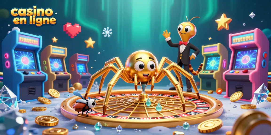 Pariez sur un casino en ligne avec une illustration 3D d'araignée dorée et ses éléments de jeux captivants.