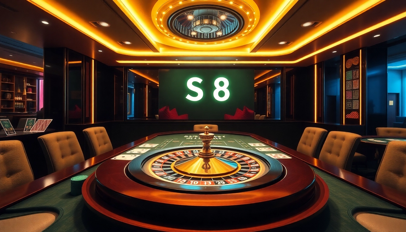 S8 casino gaming table with vibrant chips, cards, and roulette wheel in a luxurious setting