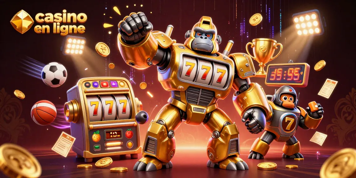 Gagnez avec casino en ligne grâce à un gorille mech dynamique entouré d'éléments sportifs et slot.