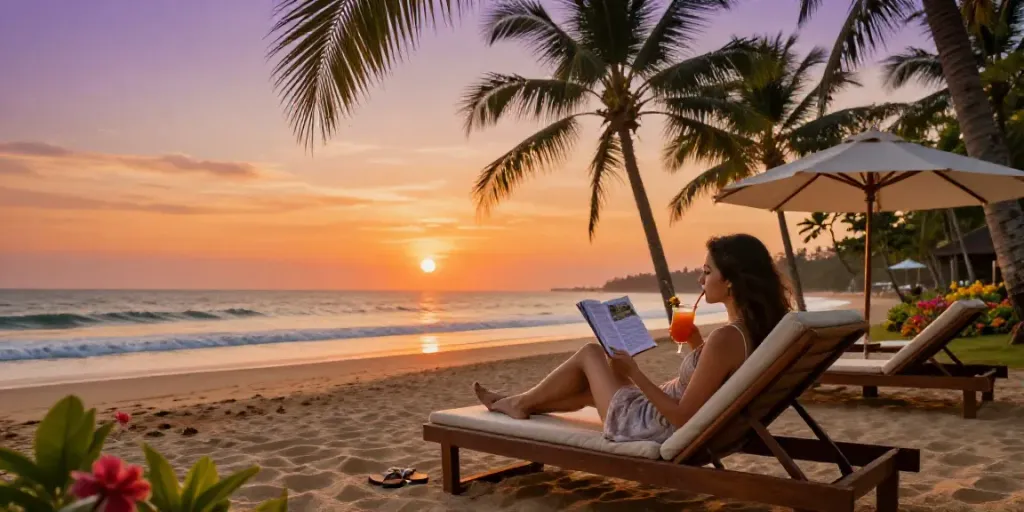 Goa escort enjoying a luxurious beachside experience with sunset view, showcasing relaxation and elegance.