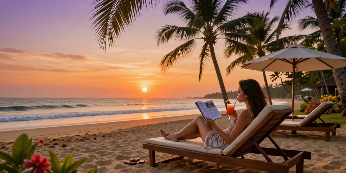 Goa escort enjoying a luxurious beachside experience with sunset view, showcasing relaxation and elegance.